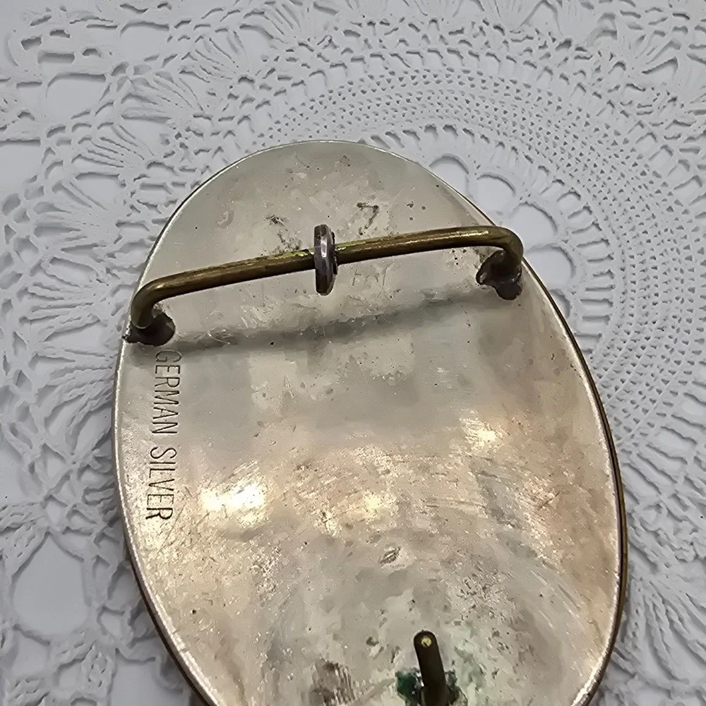 Vintage German Silver Belt Buckle Cowboy Horse Riding Western Scene